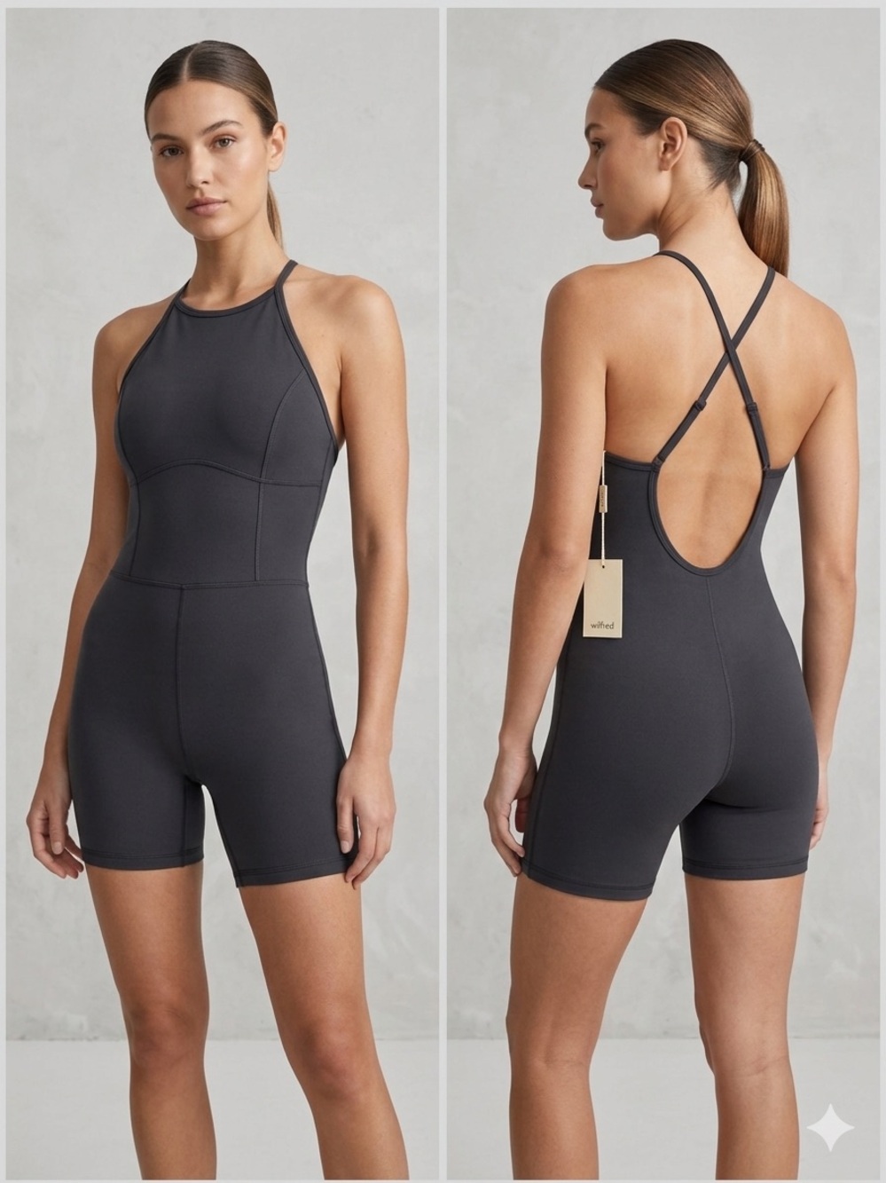 Wilfred Charcoal Gray Fitted Halter Romper Jumpsuit